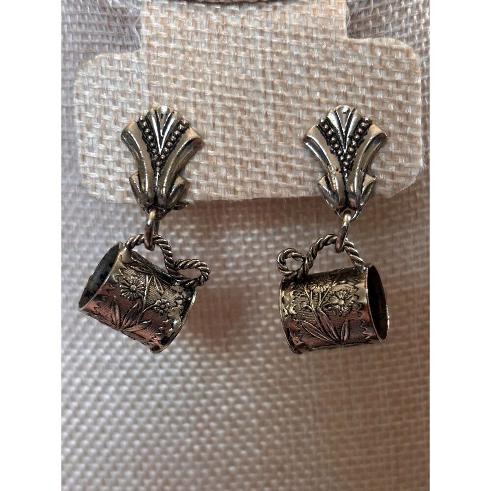 VTG Art Deco Style Silver Tone Teacup Floral Engraved Mug Clip-On Earrings